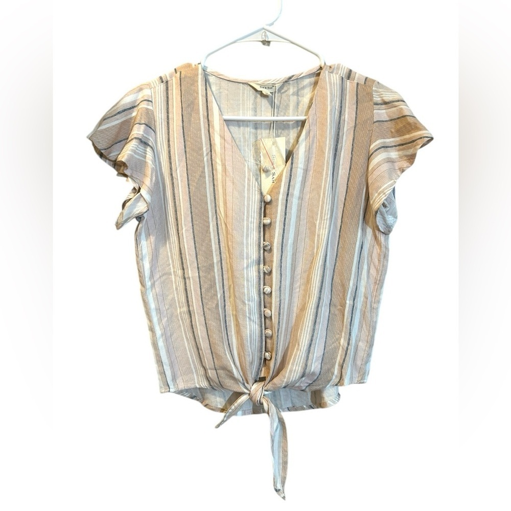 Sum & Sam Tan and Blue Flutter Sleeve Tie Front Blouse‎